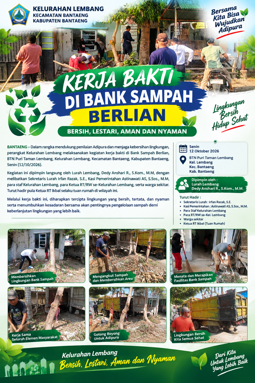 Perkuat Persiapan Adipura, Perangkat Kelurahan Lembang Gelar Kerja Bakti di Bank Sampah Berlian